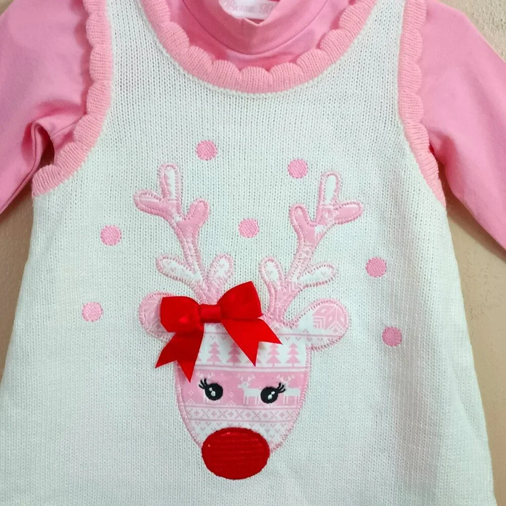Bonnie Baby Reindeer Sweater Dress 18M Christmas Jumper with Scallop Edges